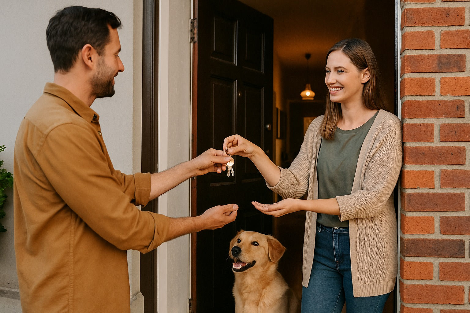 Home owner handing over key to sitter with grinning Labrador